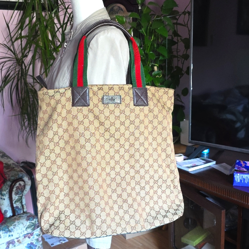 Gucci Beige Monogram Tote with Red and Green Handles